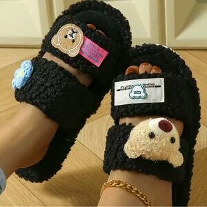 Cute Black Fuzzy Bear Slippers